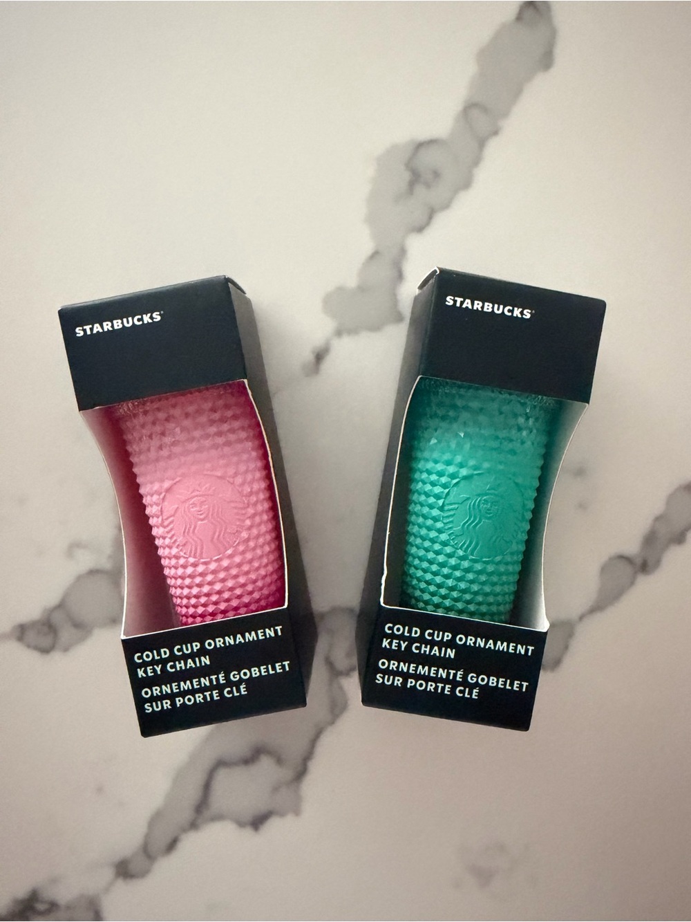 Starbucks Pink and Teal Cold Cup Ornament Key Chains - set of 2